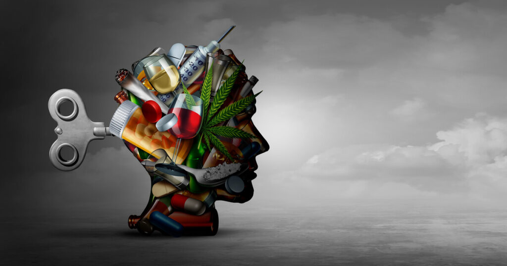 Illustration of a brain filled with addictive substances representing addiction and dependency