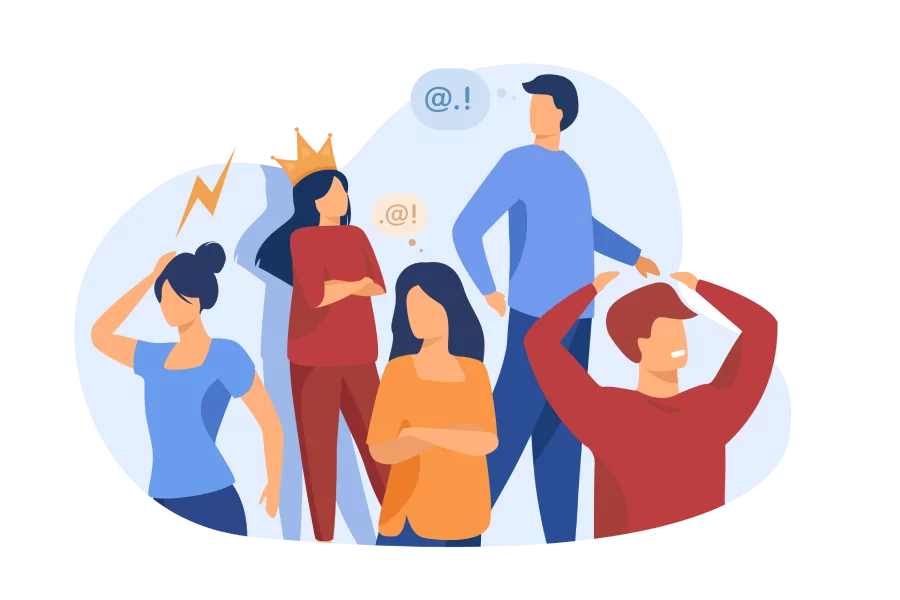 Illustration of multiple figures expressing anger through aggressive body language and facial expressions