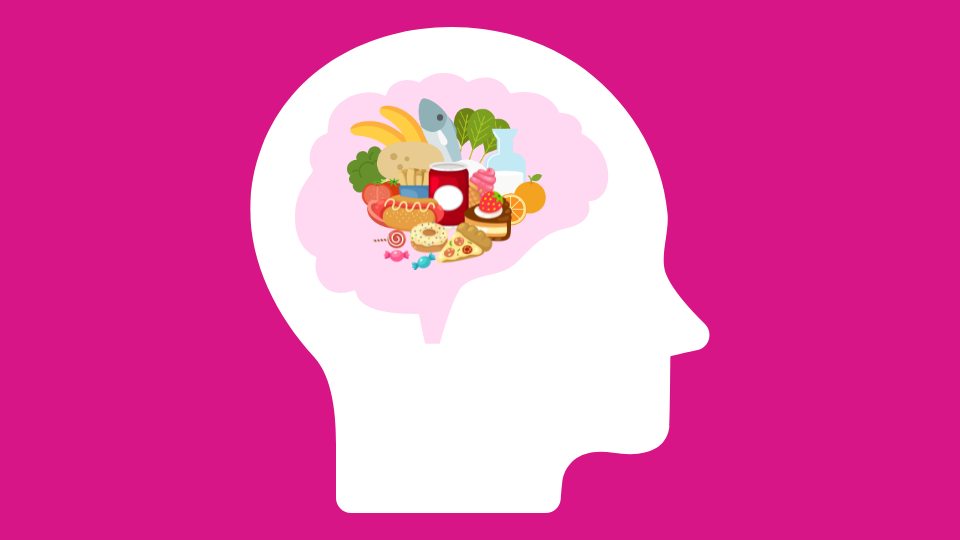 Illustration of a brain preoccupied with food, representing eating disorders and obsessive thoughts about eating