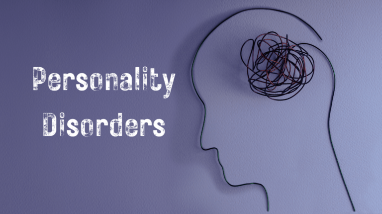 Illustration of a human head with ''personality disorders'' written beside it, representing mental health and personality patterns