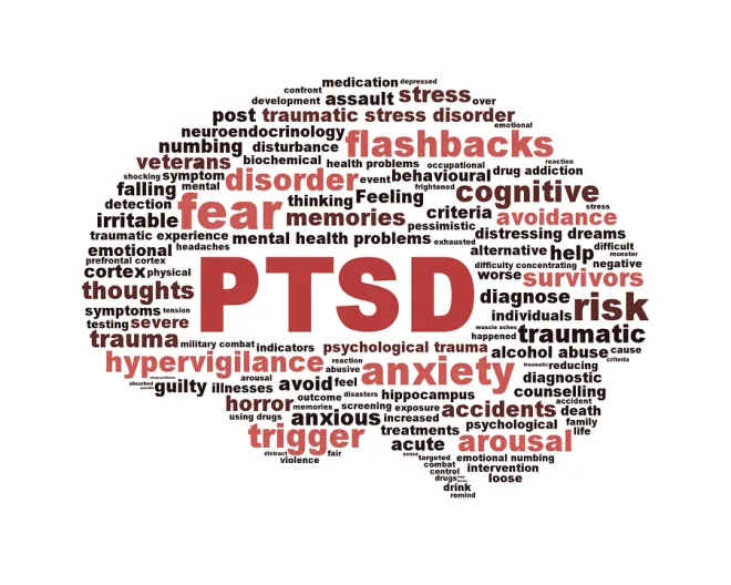 Illustration of a brain filled with PTSD symptoms such as flashbacks, anxiety, hypervigilance, and nightmares
